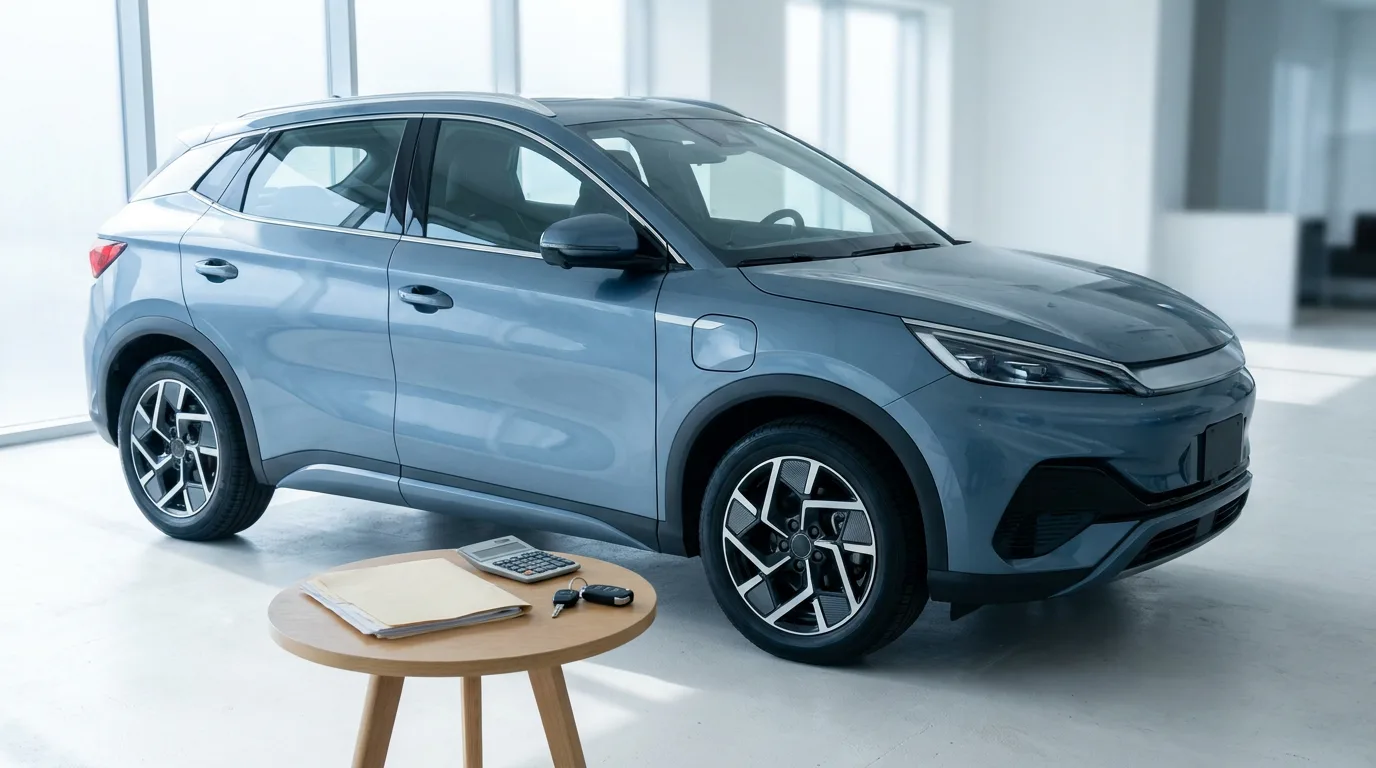 A clean modern car in a bright showroom beside a loan document and a calculator, cool daylight, orderly and precise